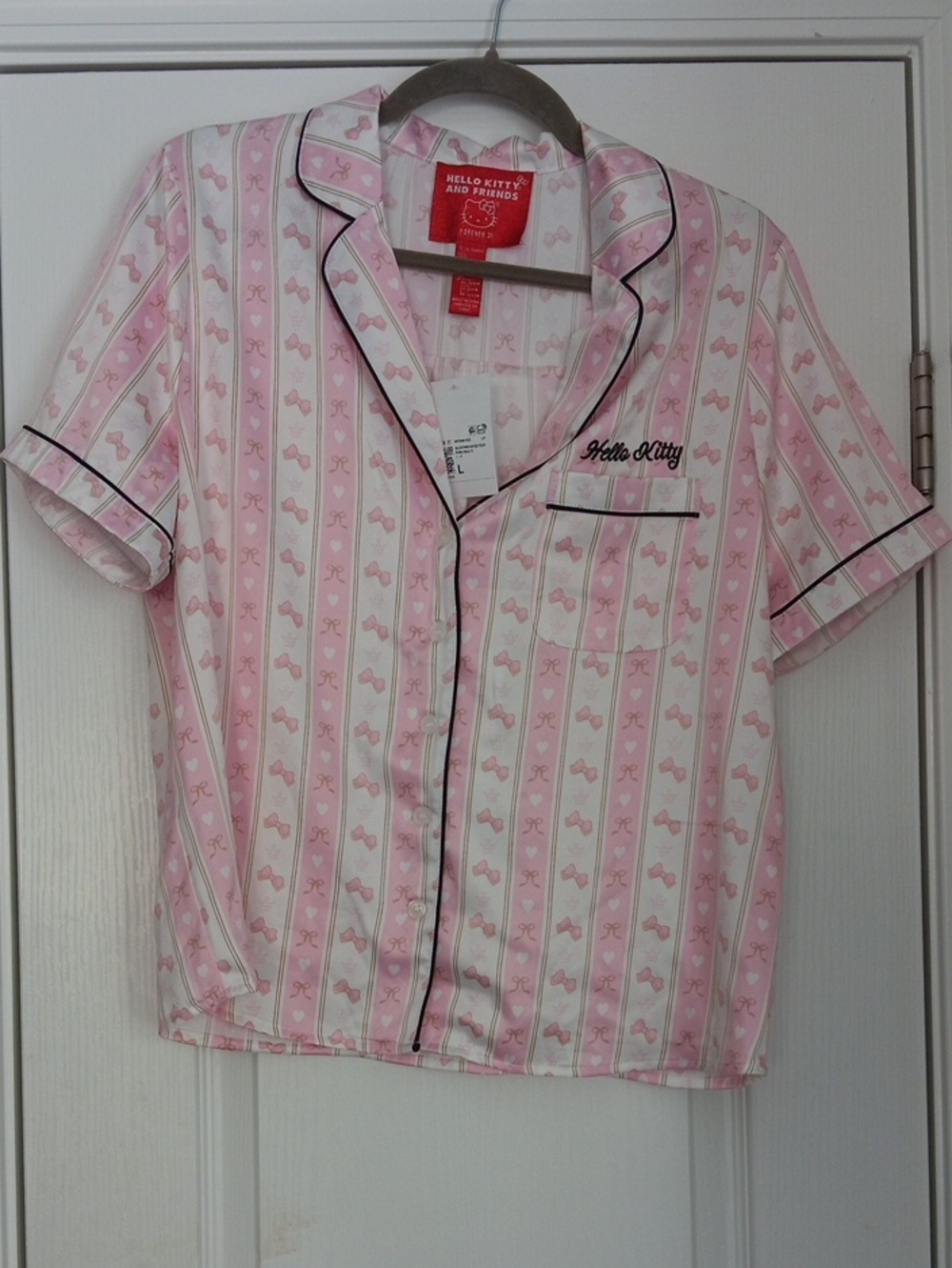 Hello Kitty Pink and White Striped Short-Sleeve Pajama Top with Black Piping